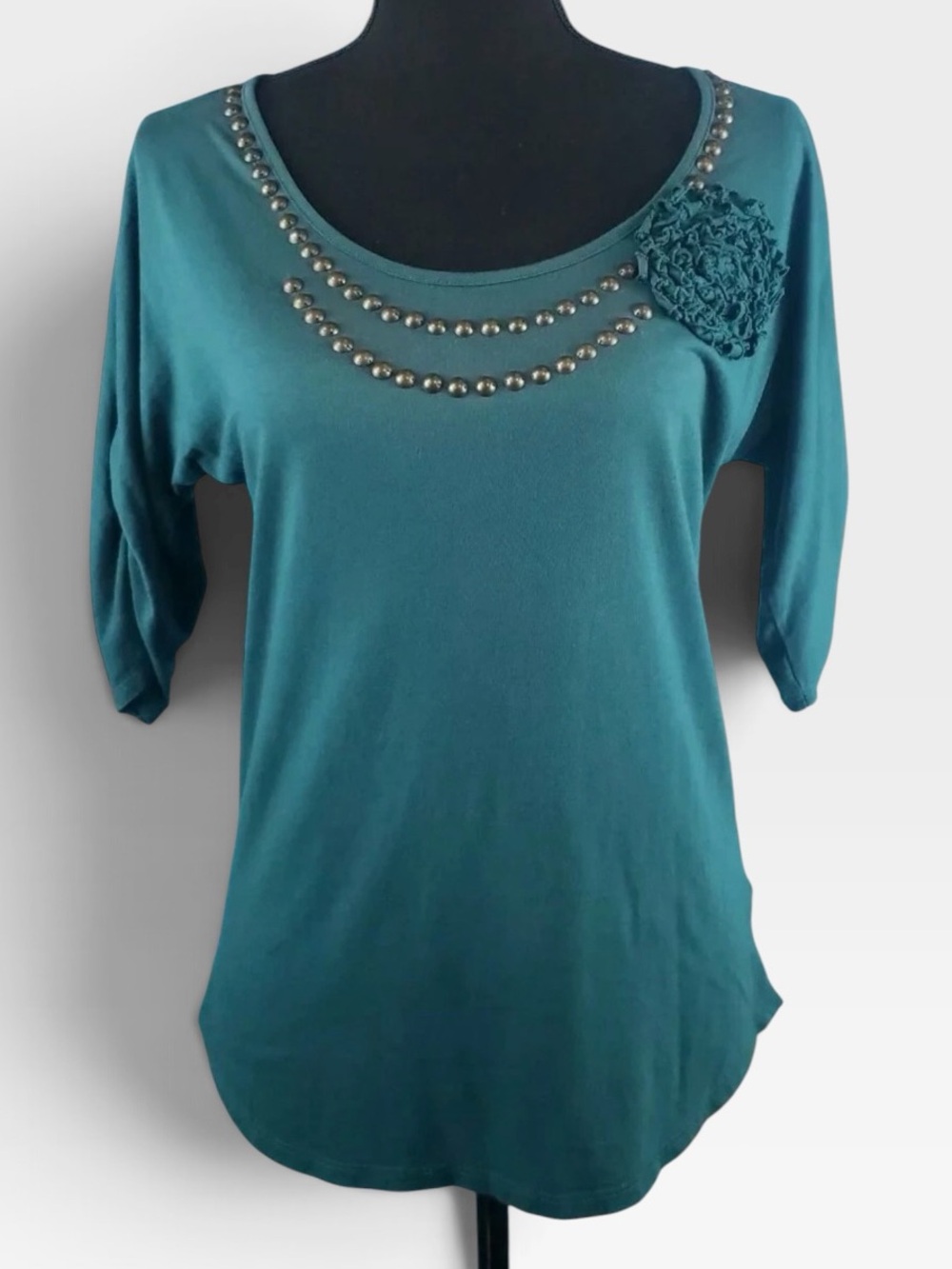 Elle Teal Scoop Neck Short Sleeve Top with Bead Trim and Rosette